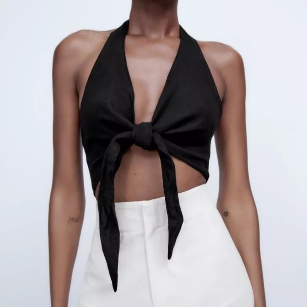 Zara Womens linen Tie Front Halter top Black sexy size L